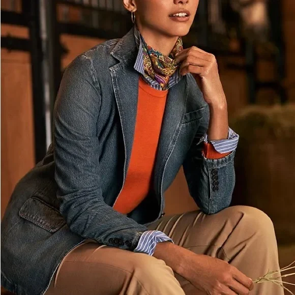 Ralph Lauren Casual Blue Cotton Denim One Button Notch Collar Blazer Jacket - Picture 3 of 16